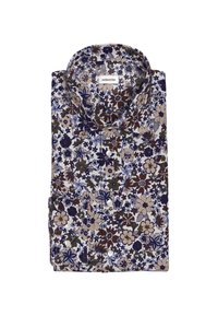 Camicia a pulsante floreale in un motivo multicolore che presenta blu scuro, beige e verde. Realizzata in tessuto con una texture liscia e colletto classico.