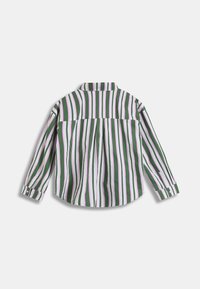 Chemise à rayures boutonnée en blanc, vert et rose. Manches longues, col, et détail d'empiècement au dos avec des rayures verticales.