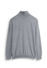 Grijze turtlekraag sweater van gebreide stof, met lange mouwen en een aansluitende zoom, met een gladde textuur en zonder patronen of accenten.