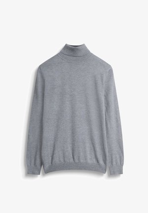 Grijze turtlekraag sweater van gebreide stof, met lange mouwen en een aansluitende zoom, met een gladde textuur en zonder patronen of accenten.