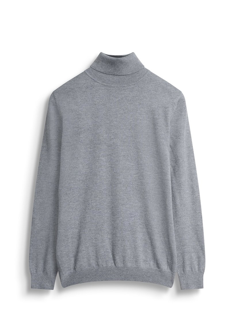 Grijze turtlekraag sweater van gebreide stof, met lange mouwen en een aansluitende zoom, met een gladde textuur en zonder patronen of accenten.