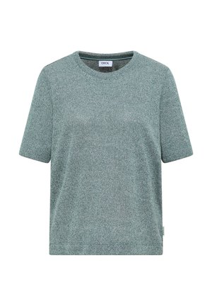 T-shirt med korte ærmer og rund halsudskæring i et struktureret lys teal stof med et vævet mærke nær halsen.