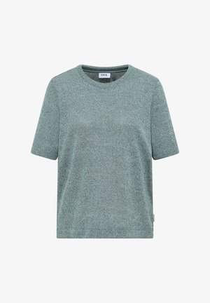 Korte mouwen crewneck shirt in gestructureerde lichtteal stof met een geweven label bij de hals.