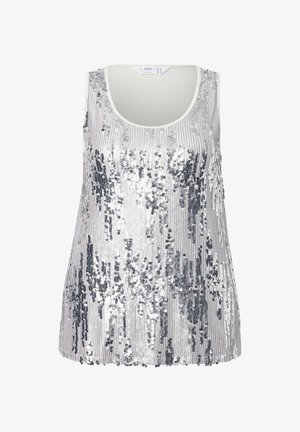 Ärmeloses sølvfarvet paljettop med et strålende mønster på en hvid stofbund, rund halsudskæring og glat tekstur.