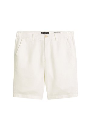 White linen shorts with a relaxed fit, featuring side pockets and a button closure at the front. Smooth texture and simple design.