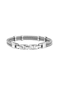 Pulsera de plata con alambre retorcido y eslabones metálicos, con un detalle de logo. El diseño combina elementos texturizados y lisos.