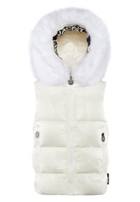Biała kamizelka puchowa z kapturem z sztucznego futra. Posiada zamek błyskawiczny, boczne kieszenie, błyszczącą teksturę oraz wzorzystą podszewkę.