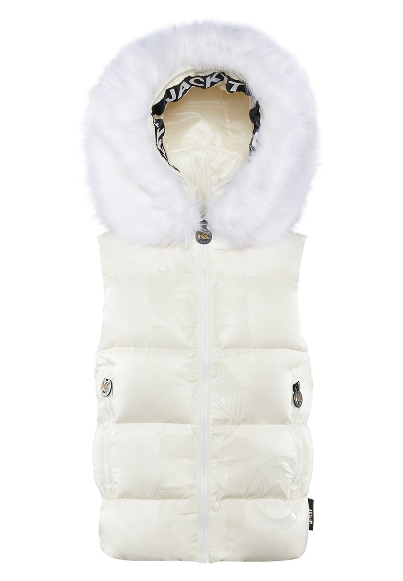 Biała kamizelka puchowa z kapturem z sztucznego futra. Posiada zamek błyskawiczny, boczne kieszenie, błyszczącą teksturę oraz wzorzystą podszewkę.