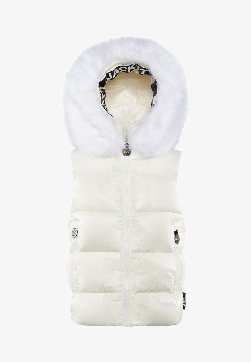 Biała kamizelka puchowa z kapturem z sztucznego futra. Posiada zamek błyskawiczny, boczne kieszenie, błyszczącą teksturę oraz wzorzystą podszewkę.