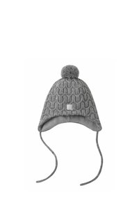 Gray knitted hat with a textured pattern, rounded top, and pom-pom. Features ear flaps and adjustable ties for secure fit.