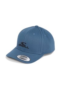 Blå snapback-cap lavet af stof med en buet skygge. Har et sort "ONEILL" logo på forsiden og et rundt mærkat på skyggen.