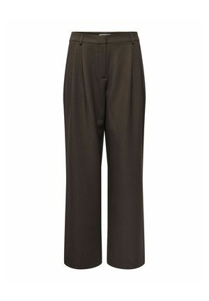Pantaloni marrone scuro a gamba larga con vita alta, passanti per cintura e dettaglio di piega frontale.