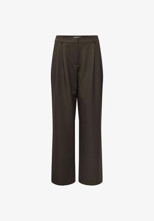 Pantaloni marrone scuro a gamba larga con vita alta, passanti per cintura e dettaglio di piega frontale.