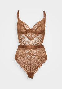 Brun blonde bodysuit med intrikate blomster mønstre, justerbare satengstropper og en høy midje design med en satengbelte.