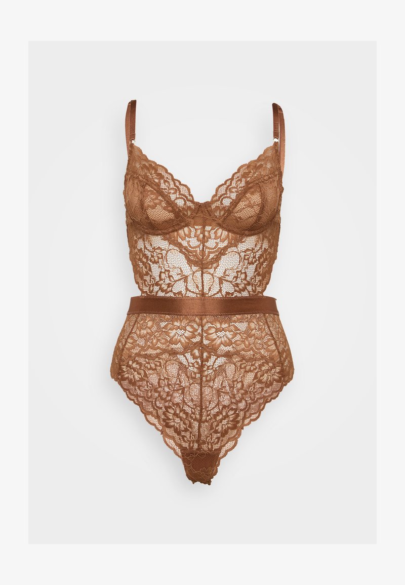 Brun blonde bodysuit med intrikate blomster mønstre, justerbare satengstropper og en høy midje design med en satengbelte.
