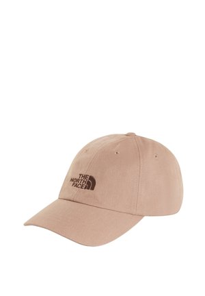 Jasnobrąska czapka baseballowa z zakrzywionym daszkiem i logo "The North Face" wyszywanym ciemnobrązową nicią na przednim panelu.