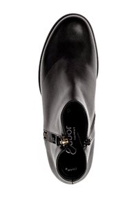 Černé kožené kotníkové boty s kulatou špičkou, bočním zipem a zlatými detaily. Vnitřek obsahuje polstrovanou stélku pro pohodlí.