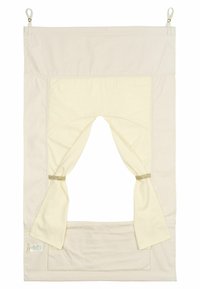 Canvas curtain in beige and cream, featuring a central opening with fabric ties, subtle texture, and a bottom pocket for added functionality.