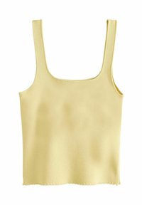 Top a canottiera rigata giallo chiaro con spalline larghe e scollatura quadrata. Include un tessuto testurizzato e un orlo ondulato.