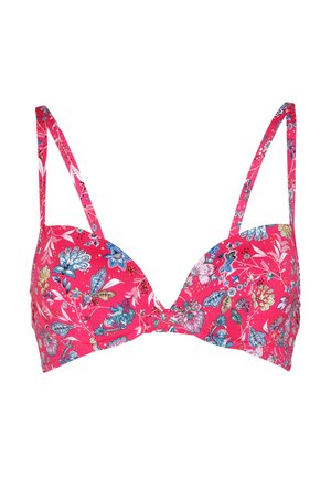 Top bikini floreale rosa con spalline sottili regolabili, coppe sagomate e dettaglio frontale attorcigliato, caratterizzato da un motivo colorato di fiori blu e gialli.