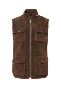 Bruine suède gilet met een hoge kraag, een ritssluiting aan de voorkant en vier grote zakken. Soepele textuur met een subtiele glans.