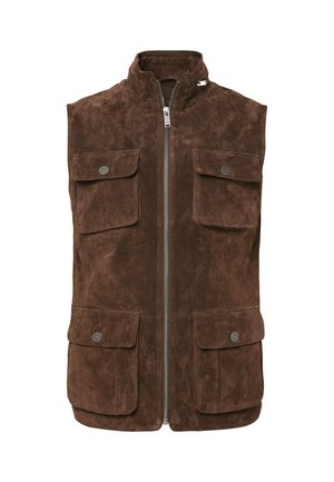 Brun ruskindsvest med høj krave, lynlås foran og fire store lommer. Glat tekstur med en subtil glans.