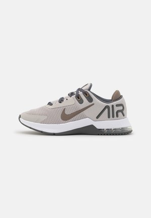 Baskets Nike Air gris clair et beige avec tige en mesh, lacets gris foncé, semelle coussinée et unité d'air visible au talon.