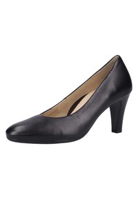 Black leather high-heeled pump with a pointed toe, smooth texture, and a medium block heel, featuring a cushioned insole for comfort.
