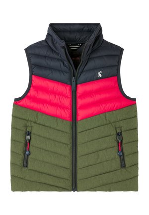 Ærmeløs quiltet vest med sort top, rød midte og olivengrøn bund, frontlynlås og to lynlåslommer.