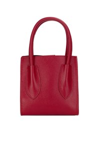 Rote Leder-Tote-Bag mit glatter Oberfläche, geschwungenen Griffen und strukturierter Form. Verfügt über flache Seitenpaneele und ein minimalistisches Design.