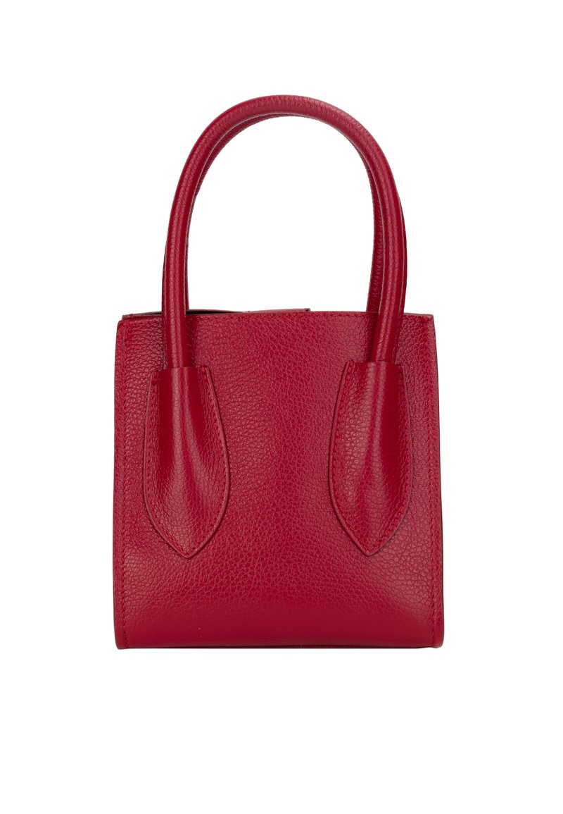 Rote Leder-Tote-Bag mit glatter Oberfläche, geschwungenen Griffen und strukturierter Form. Verfügt über flache Seitenpaneele und ein minimalistisches Design.