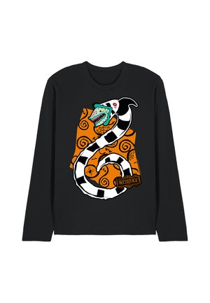 Black long-sleeve shirt with a black and white striped snake coiled over an orange background with spider webs and the word Beetlejuice.