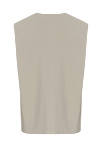 Sleeveless beige top with a straight cut, smooth texture, and minimal detailing. The back is unembellished and features a rounded neckline.