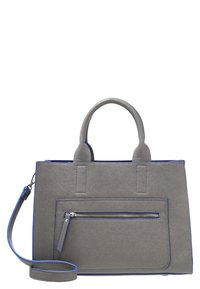Sac à main en tissu gris avec des accents bleus, deux poignées supérieures et une bandoulière amovible. Comprend une poche zippée à l'avant et une surface texturée.