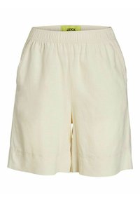 Bermudas de longitud a la rodilla en color beige claro, confeccionadas con una tela texturizada. Incluyen una cinturilla elástica y bolsillos laterales para mayor funcionalidad.