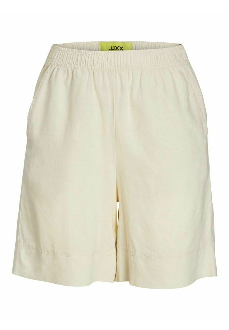 Bermudas de longitud a la rodilla en color beige claro, confeccionadas con una tela texturizada. Incluyen una cinturilla elástica y bolsillos laterales para mayor funcionalidad.