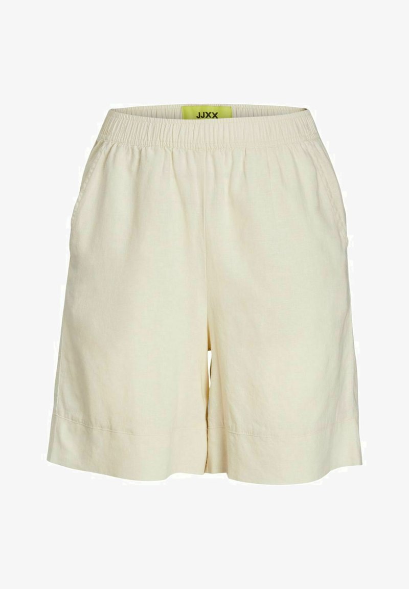 Bermudas de longitud a la rodilla en color beige claro, confeccionadas con una tela texturizada. Incluyen una cinturilla elástica y bolsillos laterales para mayor funcionalidad.
