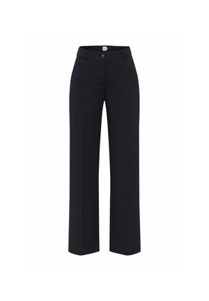 Navyblaue maßgeschneiderte Hosen aus glattem Stoff, mit flachem Vorderteil, geraden Beinen und einem vorderen Knopfverschluss.