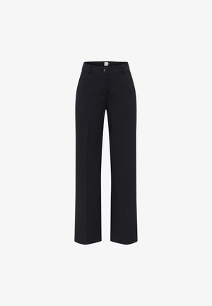 Navyblaue maßgeschneiderte Hosen aus glattem Stoff, mit flachem Vorderteil, geraden Beinen und einem vorderen Knopfverschluss.