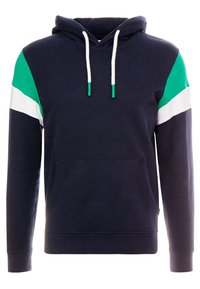 Felpa blu navy con tasca a marsupio, strisce sulle spalle in verde e bianco a contrasto e cordini con punte verdi. Tessuto morbido.