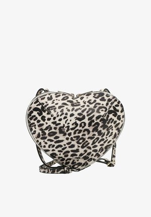 Südamekujuline õlakott musta-valge leopardimustriga, lukuga ja reguleeritava rihmaga.