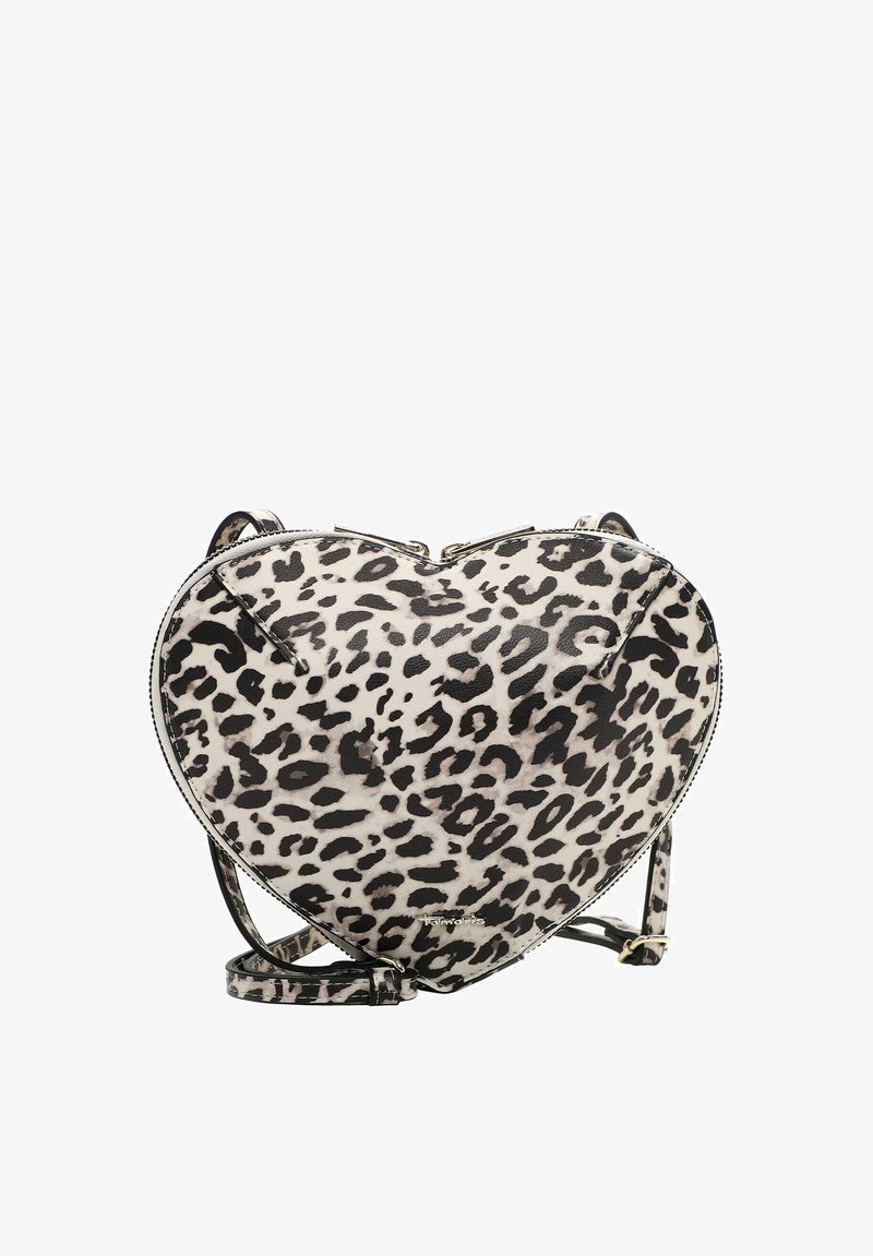 Sac bandoulière en forme de cœur avec imprimé léopard noir et blanc, fermeture zippée, et sangle ajustable.