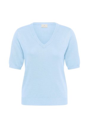 Light blue short-sleeve knit sweater with V-neck and ribbed cuffs and hem, displayed on a plain white background.