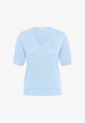 Light blue short-sleeve knit sweater with V-neck and ribbed cuffs and hem, displayed on a plain white background.