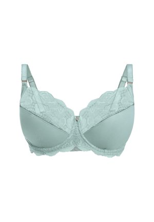 Lichtgroene beha met kantdetails, beugelondersteuning, geschulpte randen, verstelbare bandjes en een klein decoratief accent in het midden.