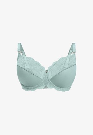 Soutien-gorge vert clair avec des détails en dentelle, soutien-gorge à armatures, bords festonnés, bretelles ajustables et un petit accent décoratif au centre.