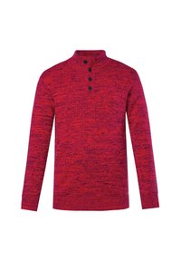 Rot gestrickter Pullover mit strukturiertem Muster, hohem Kragen und drei schwarzen Knöpfen am Ausschnitt. Lange Ärmel und gerippte Bündchen.