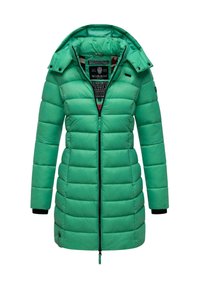 Groene gewatteerde jas met een ritssluiting, capuchon, geribbelde manchetten en een horizontale quiltstijl. Bevat een binnenvoering met patroondetails.