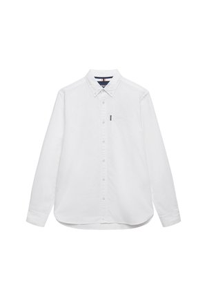 Witte blouse met lange mouwen, knoopsluiting, kraag, borstzak aan de voorkant en een klein logolabel aan de rand van de zak.