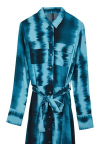 Abito a maniche lunghe con bottoni in tie-dye turchese e nero, con tasche sul petto e cintura legata in vita.